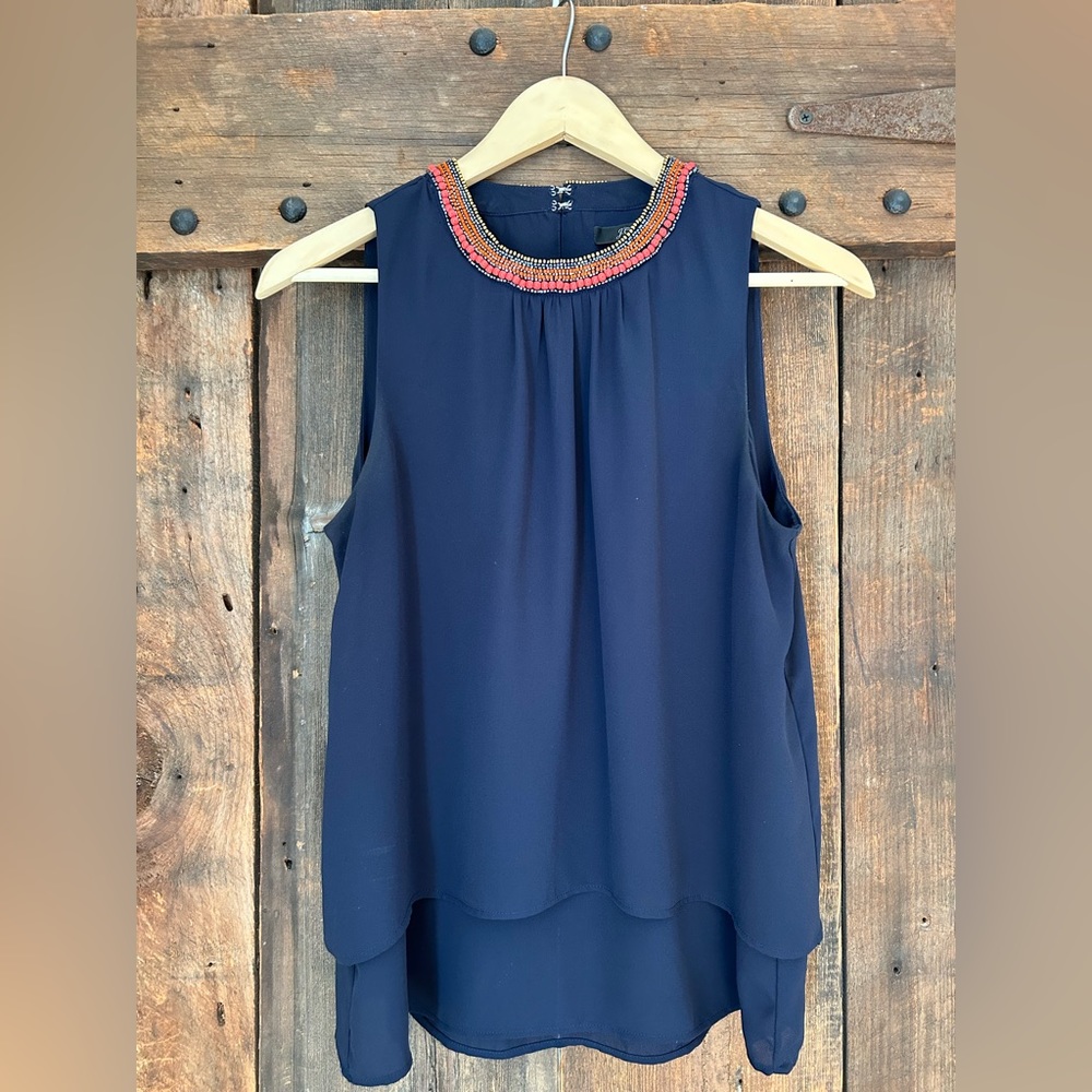 JCREW navy coral beaded chiffon layered sleeveless blouse. Size 4.
